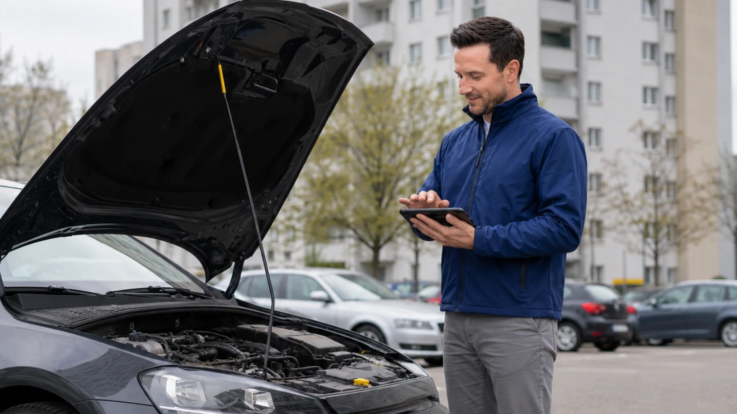 Autohändler prüft Fahrzeugmotor in Velbert Wohngebiet